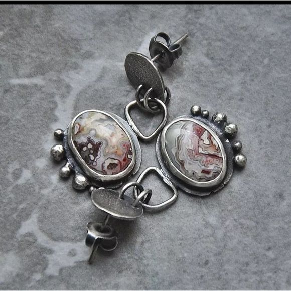 Silver titanium large bloodstone agate drop boho earrings new - Picture 1 of 4
